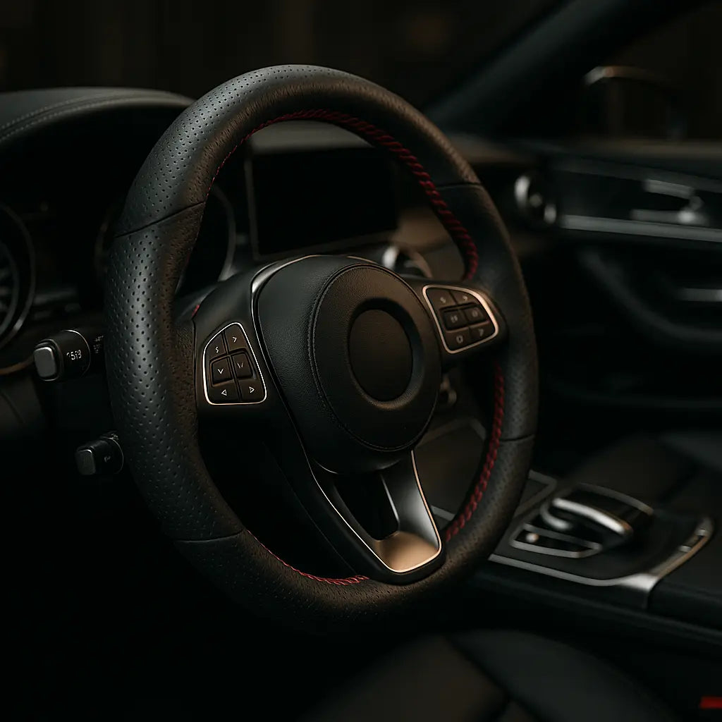 طارة دركسيون أسود خياطة حمراء