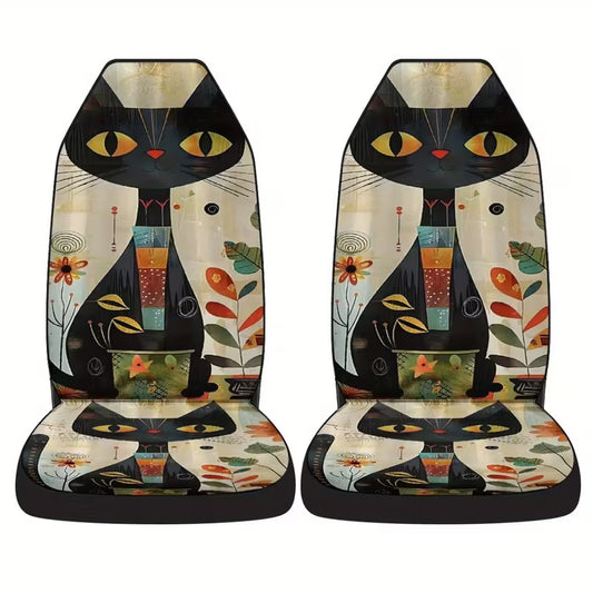 طقم فرش سيارة أمامي رسمة قطة سوداء وتصميم بوهيمي - اكسسوارات سيارات حريمي