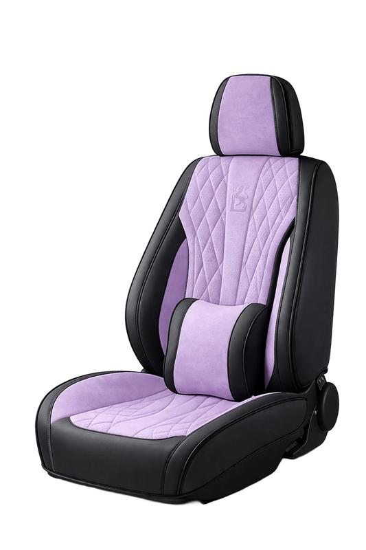 فرش سيارة لافندر بنفسجي فخم، جوانب جلد نابا ومنتصف ألكنتارا مخرم وسادة دعم قطنية.