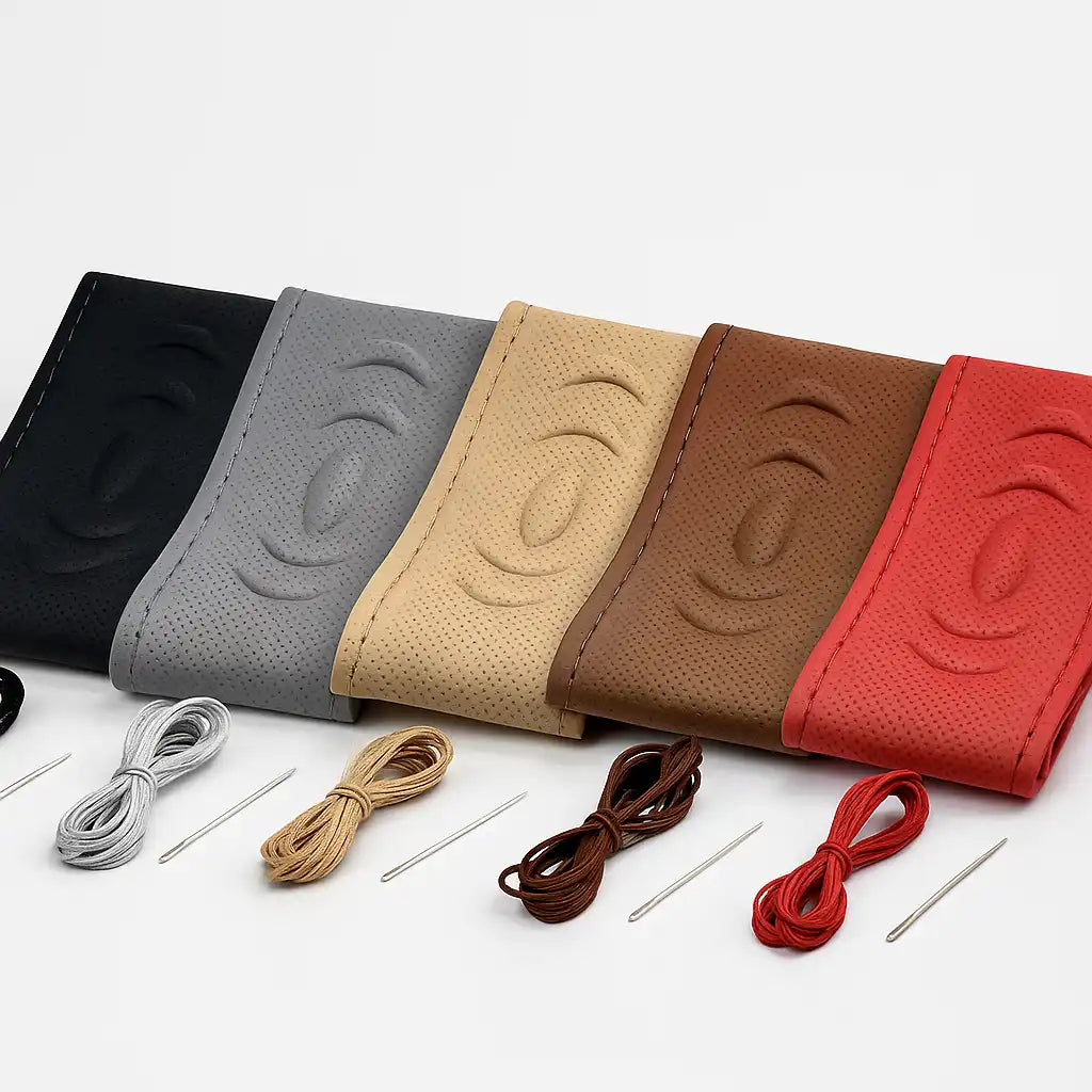 (3D) غطاء دركسيون جلد فاخر لون أسود خيط أحمر