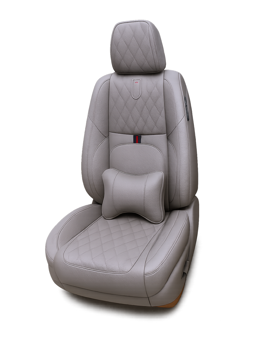 فرش سيارة 3D جلد فاخر بتصميم كابتونيه مع وسادة لدعم القطنية – رمادي فاتح