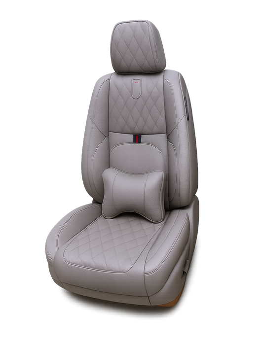 فرش سيارة 3D جلد فاخر بتصميم كابتونيه مع وسادة لدعم القطنية – رمادي فاتح