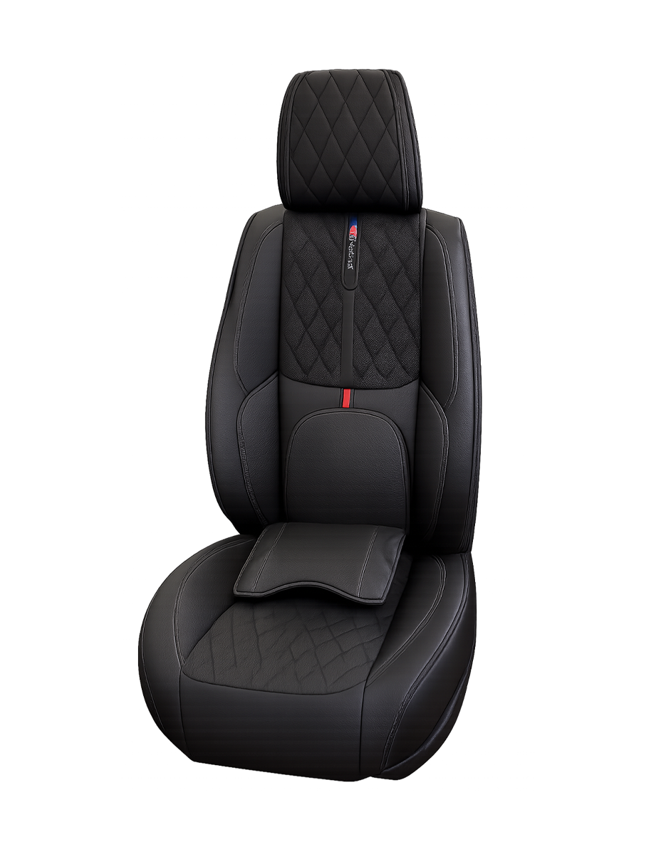 فرش سيارة 3D جلد فاخر بتصميم كابتونيه مع وسادة لدعم القطنية – أسود