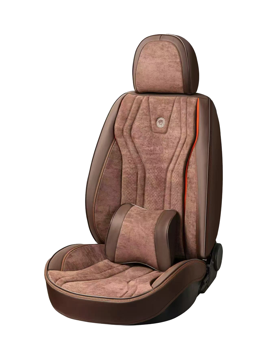 طقم كراسي سيارات 9D فاخر – جلد بني مع كنتارا – يدعم الوسائد الهوائية