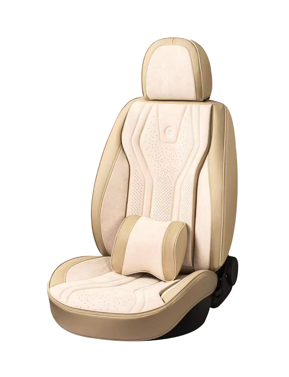 طقم أغطية مقاعد سيارات 9D جلد مع قماش كنتارا – بيج فاخر – متوافق مع الوسائد الهوائية