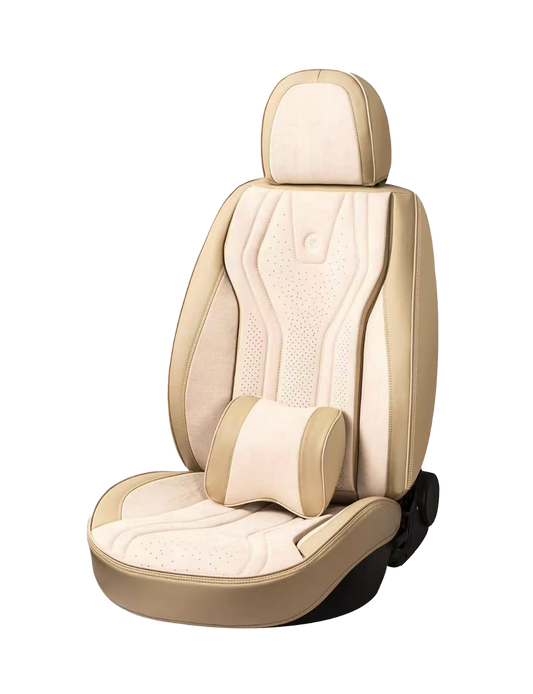 طقم أغطية مقاعد سيارات 9D جلد مع قماش كنتارا – بيج فاخر – متوافق مع الوسائد الهوائية