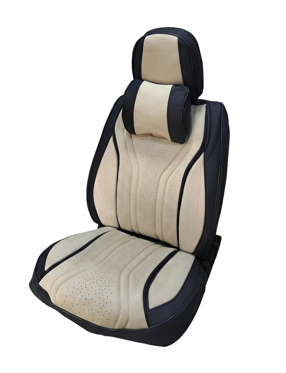 كسوة مقاعد 9D جلد فاخر مع كنتارا – بيج + بلاك – آمنة مع الوسائد الهوائية