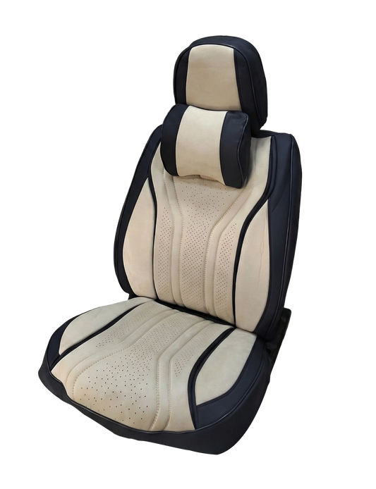 كسوة مقاعد 9D جلد فاخر مع كنتارا – بيج + بلاك – آمنة مع الوسائد الهوائية