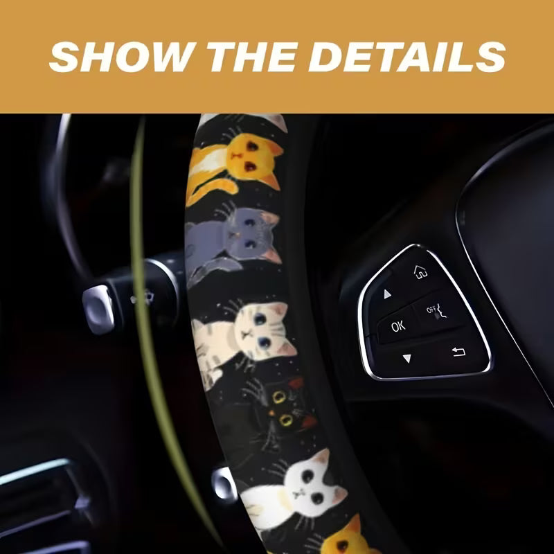 غطاء طارة دريكسيون سيارة أسود بتصميم قطط كيوت - ملمس ناعم واكسسوارات سيارات حريمي