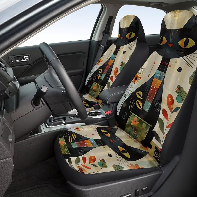 طقم فرش سيارة أمامي رسمة قطة سوداء وتصميم بوهيمي - اكسسوارات سيارات حريمي