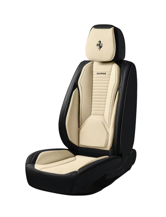 فرش مقاعد سيارات 3D رياضي جلد بيج وأسود فاخر يدعم الوسادة الهوائية